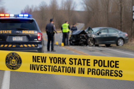 New York State Police tape blocks a road where officers investigate a crash involving a heavily damaged car.