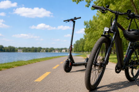 An e-bike and e-scooter parked on a paved path next to a lake under a sunny sky, with a helmet on the e-bike.