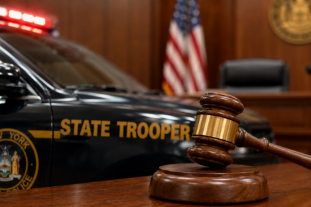 Gavel on a desk with a New York State Trooper car and courtroom in the background, symbolizing justice.