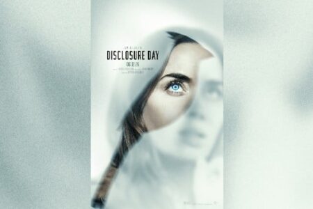 Movie poster for 'Disclosure Day' featuring a woman's face with a prominent blue eye, partially obscured by a reflective surface.