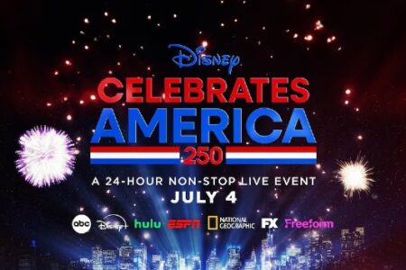 Promotional graphic for 'Disney Celebrates America 250' event, featuring fireworks, city skyline, and network logos.