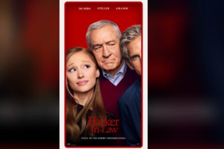 Movie poster for 'Focker In Law' featuring Ariana Grande, Robert De Niro, and Ben Stiller on a red background.