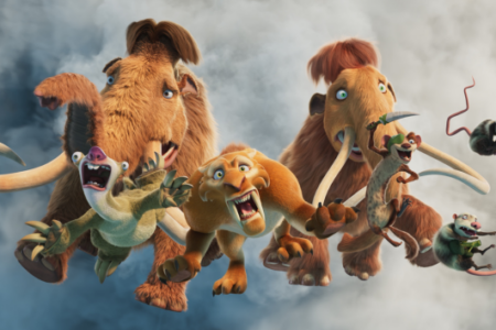 Ice Age characters Manny, Sid, Diego, Ellie, Buck, Crash, and Eddie are airborne, looking surprised.