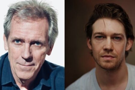 Headshots of Hugh Laurie (left) with gray hair and Joe Alwyn (right) with brown hair.