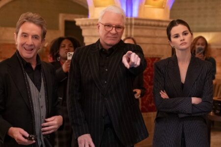 Martin Short, Steve Martin pointing, and Selena Gomez with arms crossed, from Only Murders in the Building.