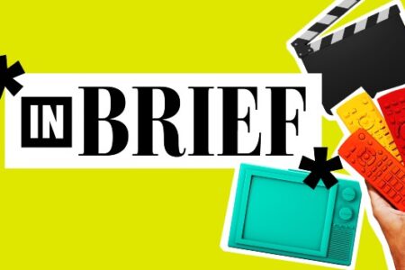 Graphic with 'IN BRIEF' text, clapperboard, retro TV, and remote controls on a yellow background.
