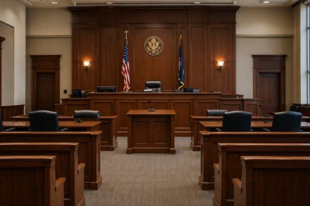 An empty courtroom with a judge's bench, flags, and wood paneling.