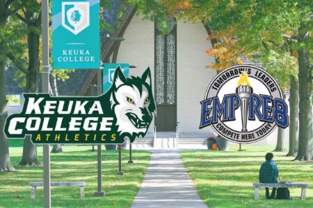 Keuka College Athletics and Empire 8 logos overlaid on a campus scene, representing academic and athletic excellence.
