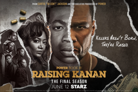 Promotional poster for Power Book III: Raising Kanan, featuring Mekai Curtis and 50 Cent's faces split.