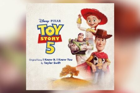 Album art for Toy Story 5 featuring Woody, Buzz, and Jessie, announcing a new Taylor Swift song 'I Knew It, I Knew You'.