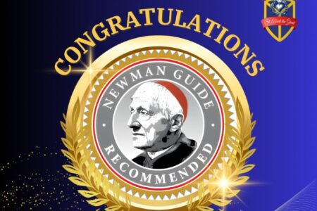 Graphic: 'Congratulations' and a 'Newman Guide Recommended' seal featuring Cardinal John Henry Newman.