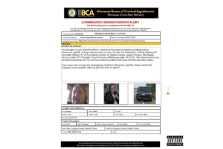 Minnesota BCA Endangered Missing Person Alert for Kathryn Wieseaner, 68, with photos of her and her black minivan.