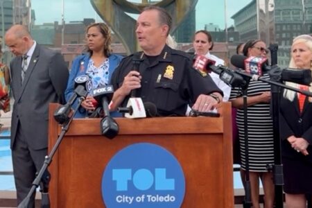 Toledo police chief speaks at a press conference about the search for suspects in an Ohio festival shooting.
