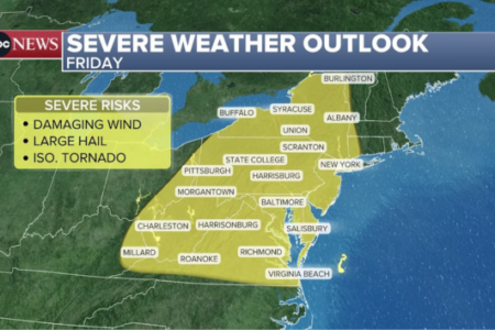 ABC News map shows severe weather outlook for Northeast and Mid-Atlantic with risks of wind, hail, and isolated tornadoes.