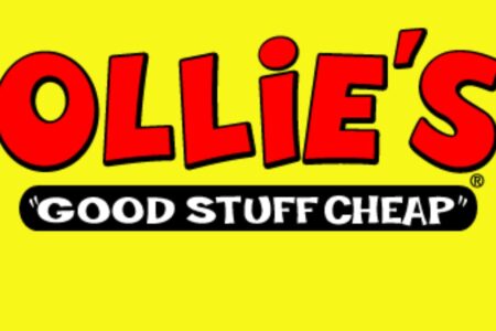 Ollie's Discount Store logo with red text on a yellow background, featuring the slogan 'Good Stuff Cheap'.