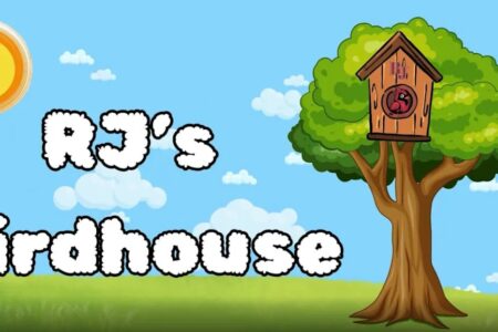 Cartoon logo for 'RJ's Birdhouse' video series, featuring a sun, tree, birdhouse with a bird, and green landscape.