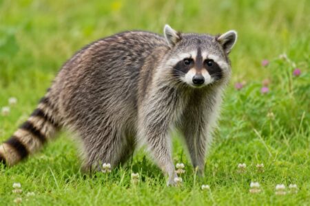 A raccoon with a black mask and striped tail stands in green grass, looking directly forward.