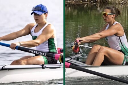 Split image of two female William Smith rowers in sculls, actively rowing on water.