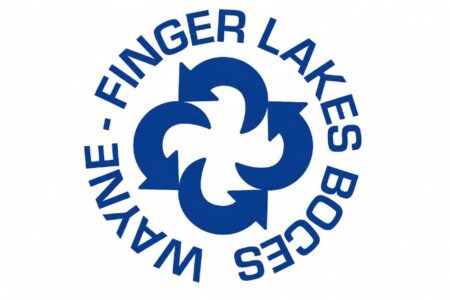 The blue and white logo for Wayne-Finger Lakes BOCES, featuring four interlocking arrows.