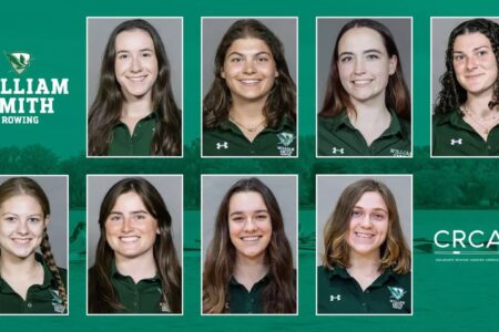 Collage of 8 smiling William Smith women rowers, recognized as CRCA Scholar-Athletes.