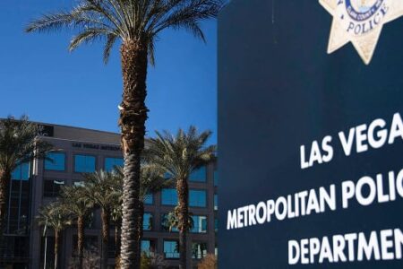 Sign for Las Vegas Metropolitan Police Department with palm trees and a building under a clear blue sky.