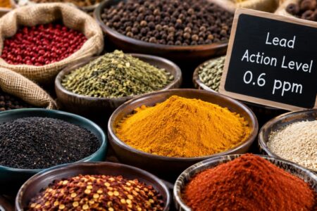 Various spices in bowls and sacks, with a sign displaying 'Lead Action Level 0.6 ppm'.