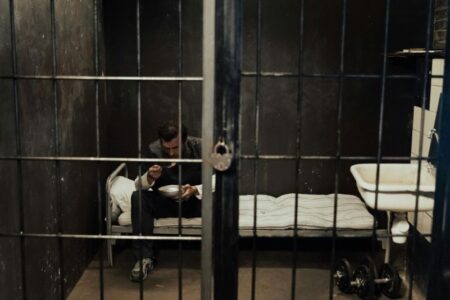 A man sits on a bed in a dark jail cell, eating from a bowl.