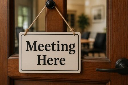 A 'Meeting Here' sign hangs on a wooden door, indicating the public meeting location for the Hector Bridge replacement.