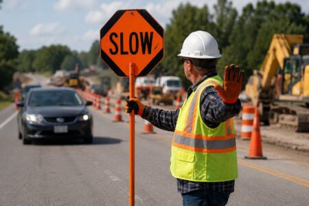 A construction worker in a hard hat and safety vest holds a 'SLOW' sign and signals traffic to stop at a roadwork site.