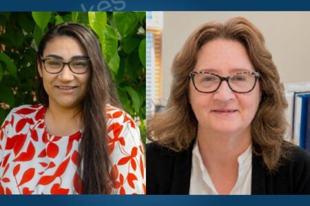 Headshots of two women, new Unity House board members, smiling. One has long dark hair, the other has brown hair.