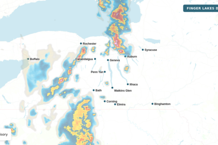Map of New York showing a heat advisory in effect for Wayne, Cayuga, Livingston, and Ontario counties.