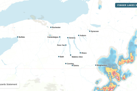 Map of New York State showing cities, weather radar, and a legend for Beach Hazards Statement.