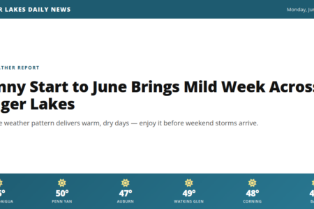 Screenshot of Finger Lakes Daily News weather report showing a sunny forecast for early June with city temperatures.