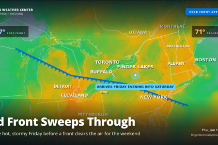 Weather map showing a cold front moving across the Great Lakes and Northeast US, clearing heat and humidity by Saturday.
