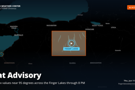 Map showing a Heat Advisory for the Finger Lakes region with heat index values near 95 degrees through 8 PM.