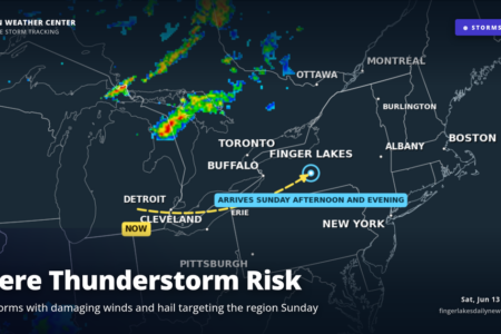 Weather radar map showing severe thunderstorms moving from Ohio towards the Finger Lakes region for Sunday.