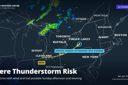Weather map showing severe thunderstorms moving towards Finger Lakes, expected Sunday afternoon and evening with wind and hail.