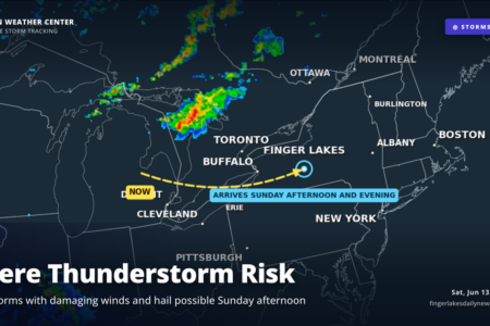 Weather radar map showing severe thunderstorms moving towards the Finger Lakes region, expected Sunday afternoon and evening.