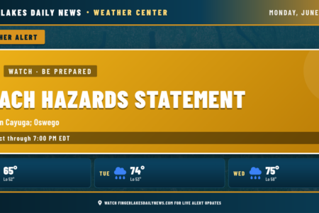 Finger Lakes Daily News weather alert for June 15, 2026, showing a Beach Hazards Statement for Northern Cayuga and Oswego, plus a 3-day rainy forecast.