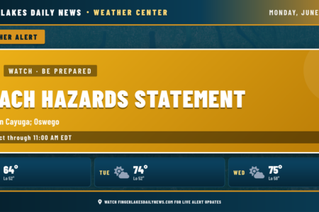 Finger Lakes Daily News weather screen showing a Beach Hazards Statement for Northern Cayuga and Oswego, plus a 3-day forecast.